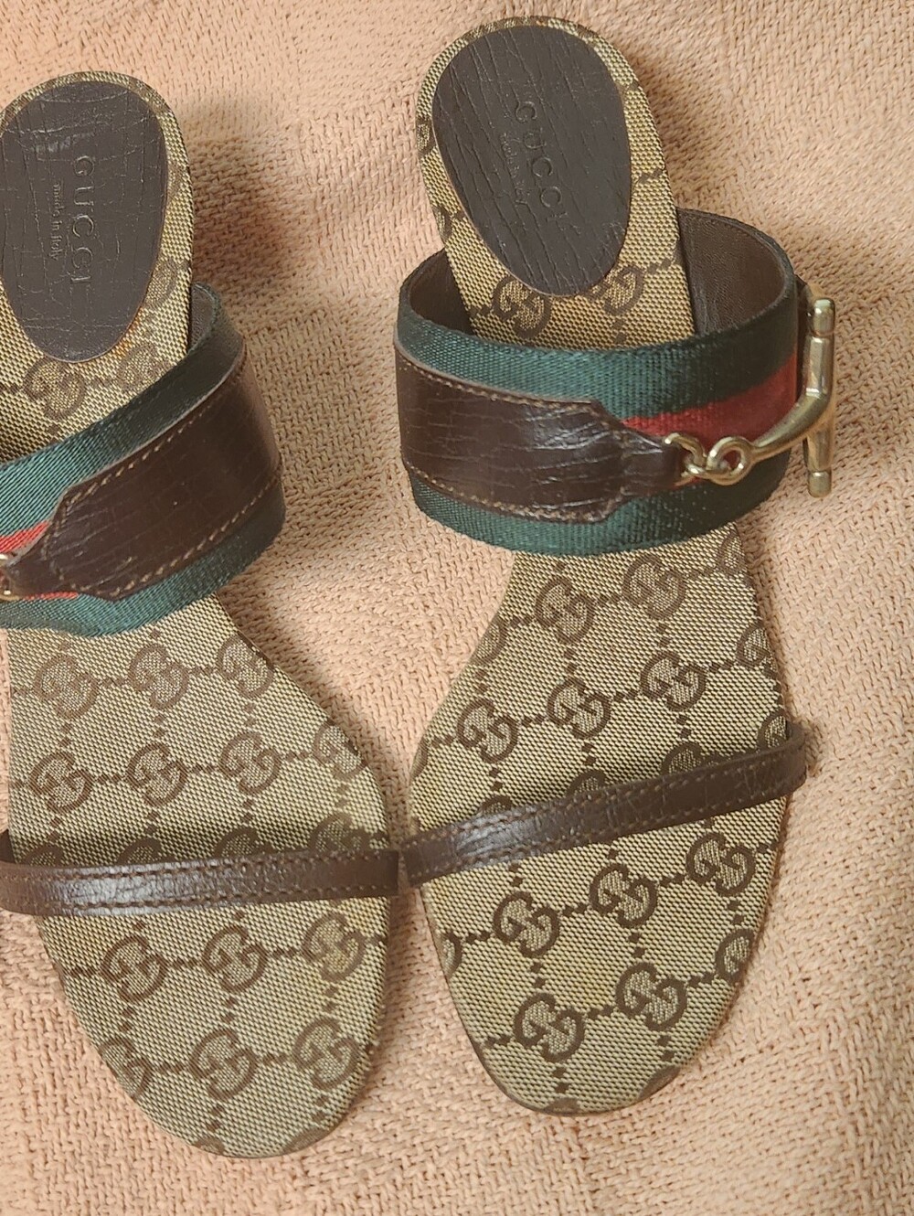 Gucci Brown GG Canvas Slide Sandals with Green and Red Web .